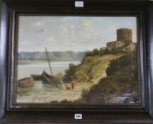 19th century English School, oil on canvas, River landscape with a martello tower, 42 x 56cm