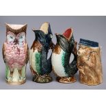 Two ceramic fish jugs, one owl and a monkey