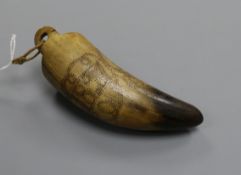 A George IV scrimshaw horn powder flask, inscribed 'AB1821'