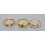 Three 18ct gold and gem set rings, including late Victorian ruby and diamond.