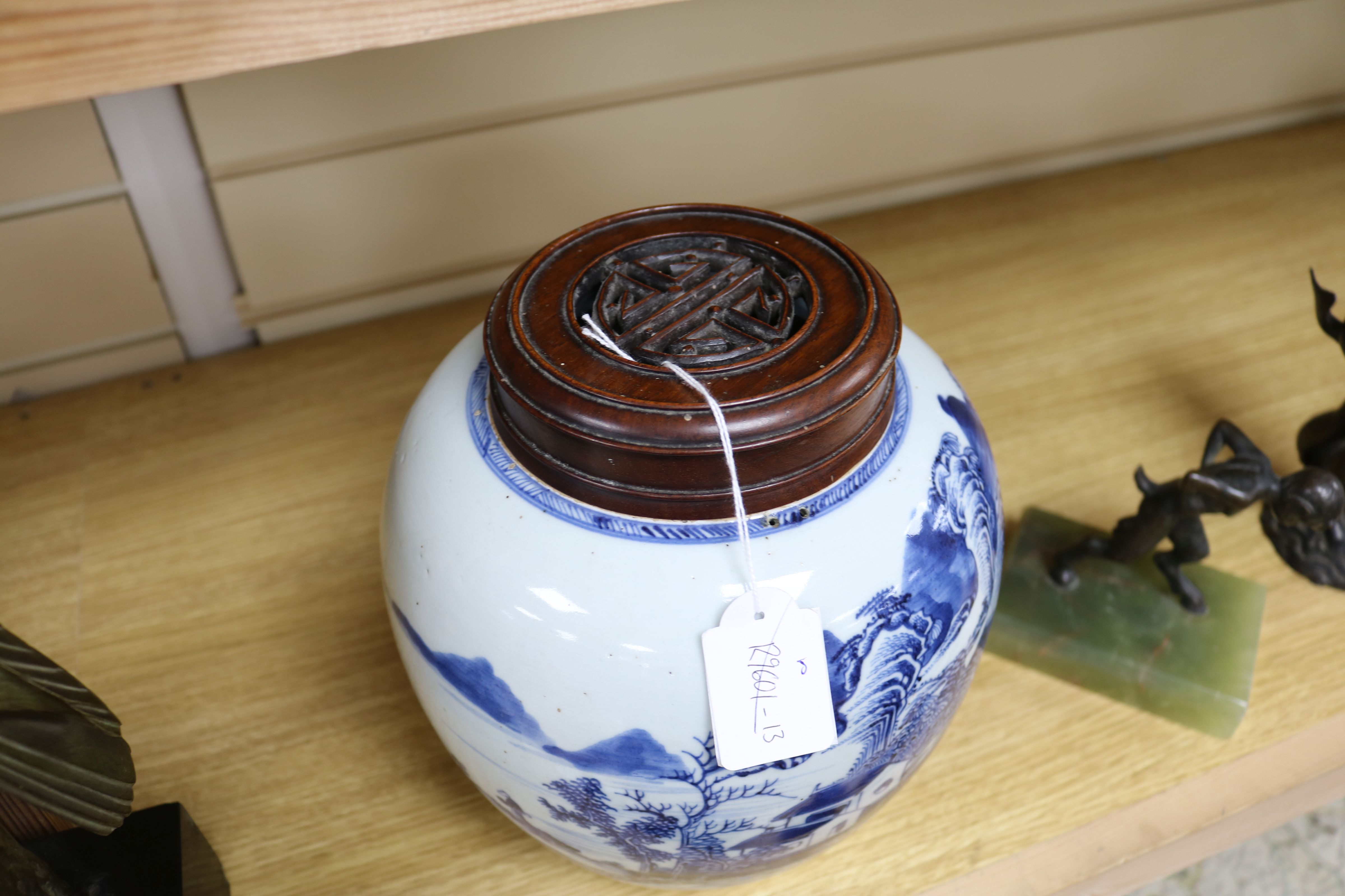 A Chinese blue and white ovoid jar, 18th century, painted with sages in a river landscape scene with - Image 4 of 11