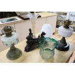 Two Victorian oil lamps and a centrepiece