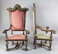 A pair of 17th century style Flemish style parcel gilt walnut and beech high back chairs, W.2ft 8in.