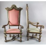 A pair of 17th century style Flemish style parcel gilt walnut and beech high back chairs, W.2ft 8in.