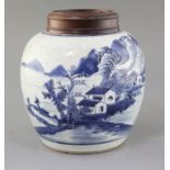 A Chinese blue and white ovoid jar, 18th century, painted with sages in a river landscape scene with