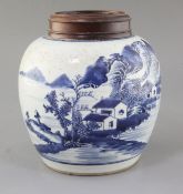 A Chinese blue and white ovoid jar, 18th century, painted with sages in a river landscape scene with