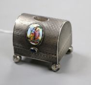 A continental engine turned 935 white metal and enamel domed ring box, with cabochon button,