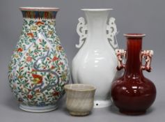 Three Oriental vases with lamp fittings and a Japanese cup tallest 30cm