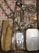 A silver chain purse and other mixed items including clothes brushes, spoons etc.