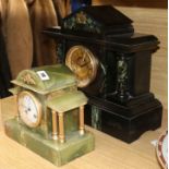 A Victorian black slate mantel clock and an onyx clock