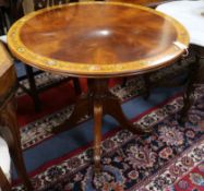 A painted satinwood and mahogany centre table, W.90cm