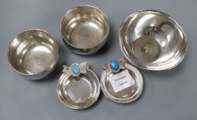 A pair of continental 900 white metal bon bon dishes with cabochon set handles and three bowls.