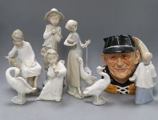 Five Lladro figures and a duck and two other figures and a character mug