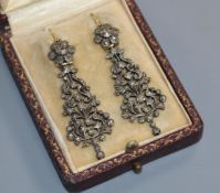 A pair of early 20th century Indian? yellow and white metal, rosecut diamond set drop earrings,