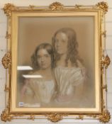 Victorian School, pastel portrait of two young sisters, ornate gilt frame, 63 x 53cm