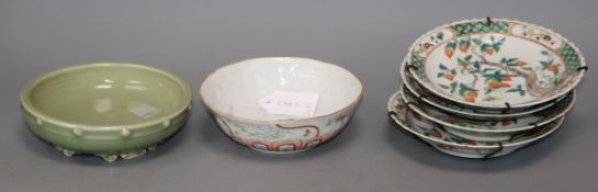 A Chinese celadon glazed brushwasher and five Tongzhi period porcelain dishes