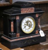 A French black slate and marble mantel clock, with visible Brocot escapement height 33.5cm