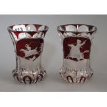 Two Bohemian ruby overlaid glass vases height 13cm
