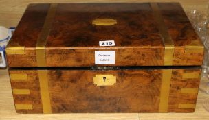 A Victorian fruitwood and brass bound lap desk set, on a brass base