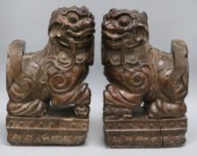 Two Eastern carved wood temple dogs height 38.5cm