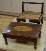 A Regency caned mahogany footstool and another with shell inlay