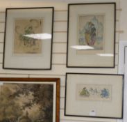 Elyse Ashe-Lord, three coloured drypoint etchings, Oriental figures, all signed in pencil and