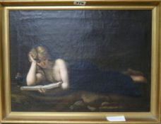 19th century German School, oil on canvas, Magdalena reading a book, inscribed verso and dated