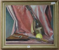 Marion Lewin (1922-79), oil on board, Still life of musical instruments, signed, 50 x 60cm