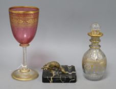 A Bohemian glass goblet, scent bottle and a marble inkstand