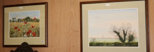 Paul Evans, two gouaches, Beddingham Church and Open landscape, signed, 34 x 48cm and 42 x 57cm