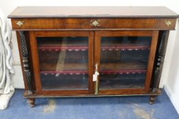 A Regency brass inset rosewood and mahogany dwarf bookcase, W.138cm