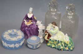 A mixed group of ceramics and glass, including two Royal Doulton figures, 'Solitude'. HN 2810 and '