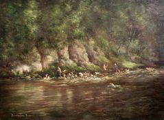 § William Ellis Barrington Browne (1908-1985)oil on canvasOtter hounds on the River Wyesigned18 x