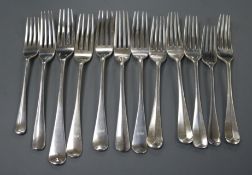 Twelve assorted Victorian and later silver forks including three Exeter forks, 16 oz.