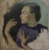 P. Smoliom, oil on canvas, Woman admiring a necklace, signed, 65 x 60cm, unframed