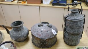 A Persian spice box and two other items