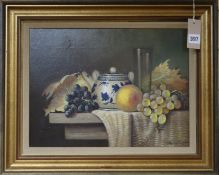 Raymond Campbell, oil on board, Still life of blue and white teapot and fruit upon a table,