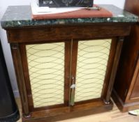 A Regency rosewood two door side cabinet, with green marble top, W.88cm