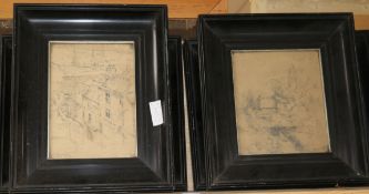 George Horton, four pencil drawings, Views of a windmill, harbour and riverscapes, largest 25 x