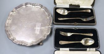 Two cased silver christening spoon and forks and an Asprey silver plated salver.