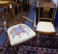 An Edwardian inlaid mahogany elbow chair and a painted satinwood occasional chair