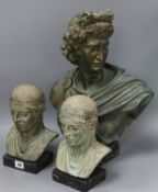 Three reproduction classical busts with bronzed finish tallest 48cm