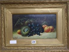 C. Dawkes, oil on board, Still life of fruit in a bird's nest, 20 x 34cm