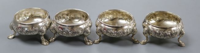 A pair of George II silver bun salts, Edward Wood, London, 1743 and two other George II silver salts