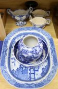 A Victorian blue and white meat plate, and five other pieces of blue and white
