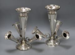 A pair of Mappin & Webb four-trumpet plated epergnes, with presentation inscription height 29cm