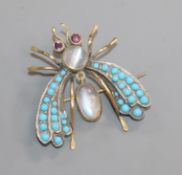 A yellow and white metal, moonstone, ruby and turquoise set bug brooch, 31mm.