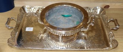 A silver plated two handled tray, of shaped rectangular outline and a rose bowl