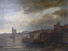 19th century English School, oil on canvas, Figures beside a jetty, 48 x 63cm, unframed