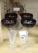 A cut glass wine cooler, two John Walsh glasses and four ruby flashed champagne bowls